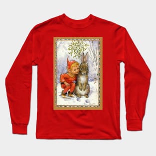 Elf and Rabbit Under Mistletoe Christmas - Margaret Tarrant Long Sleeve T-Shirt